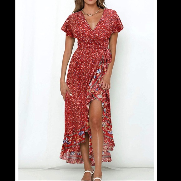 Dresses & Skirts - 🆕Floral Wrap V Neck Beach Flowy Ruffle Midi Dress